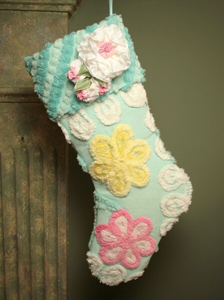 Pink and Yellow Flowers on Aqua Vintage Chenille Christmas Stocking - Vintage-style Millinery Flowers
