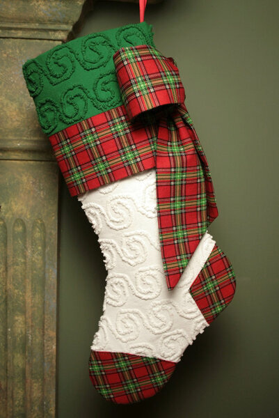 White and Green Pinwheel Vintage Chenille Christmas Stocking with Red Tartan Accents